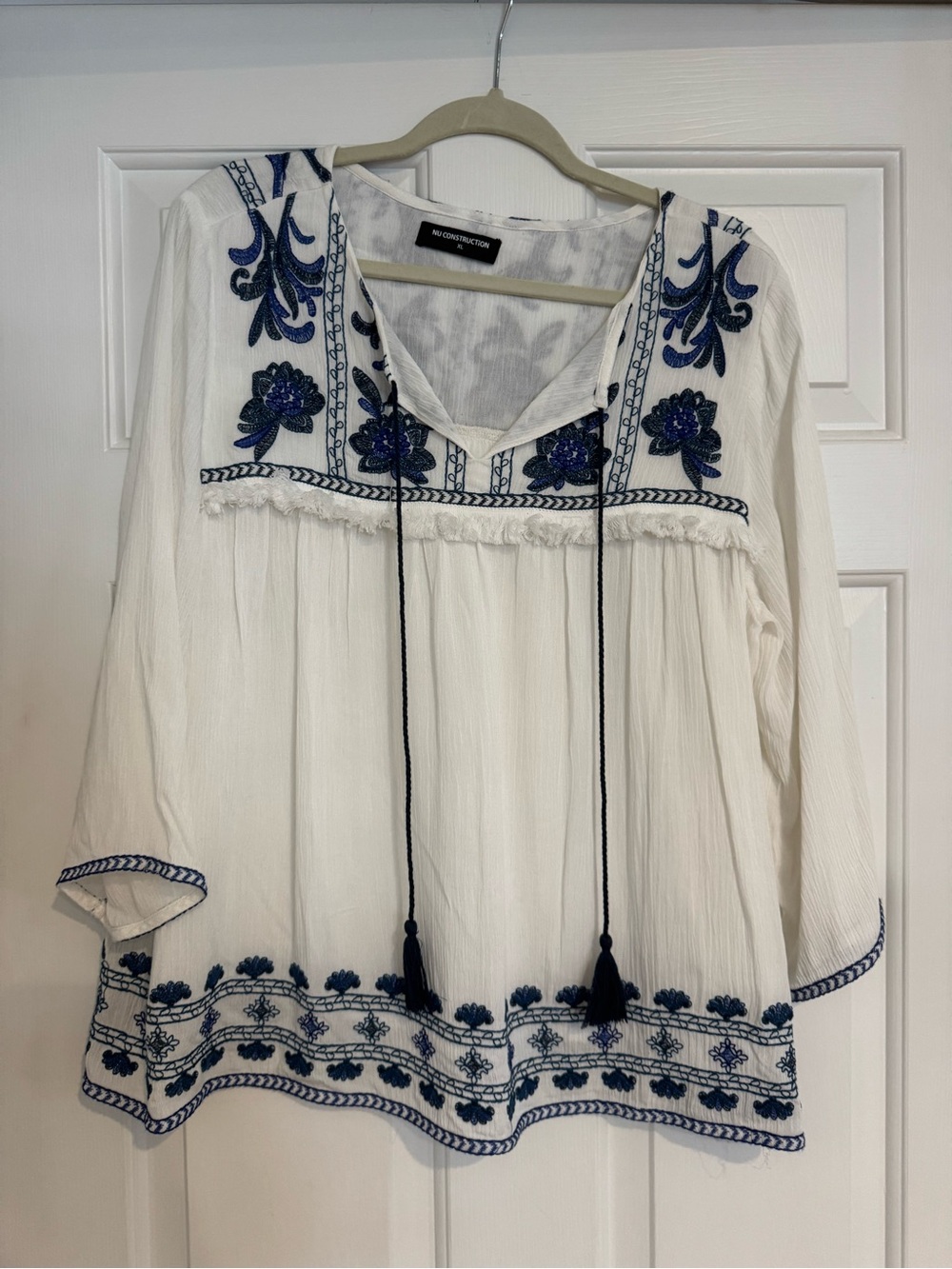 Nu Construction White Tunic with Navy Blue Embroidery XL